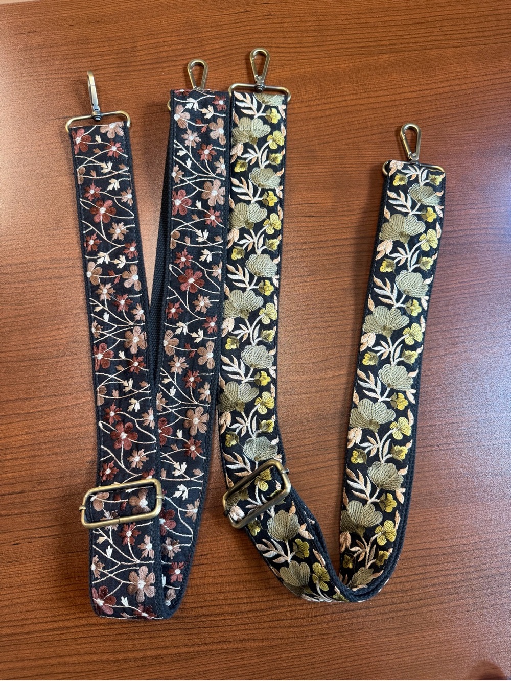 Adjustable Floral Guitar-Style Bag Strap in Black with Multicolor Embroidery